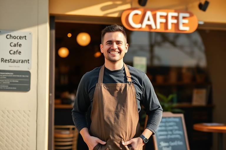 Local restaurant owner outside their café