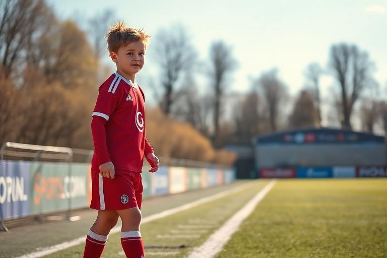 Young athlete on a pitch with sponsor boards